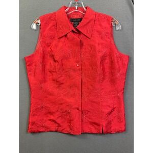 Silk Land Women's Red Floral Embroidered 100% Silk Sleeveless Blouse Top Size 10